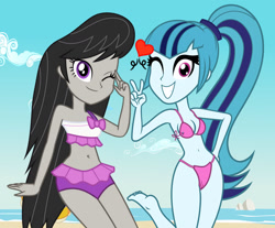 Size: 1280x1059 | Tagged: safe, artist:3d4d, artist:kingdark0001, artist:ponyalfonso, derpibooru import, octavia melody, sonata dusk, equestria girls, beach, belly button, bikini, bikini bottom, bikini top, clothes, duo, duo female, female, heart, looking at you, midriff, one eye closed, standing, standing on one leg, swimsuit, teeth, wink, winking at you