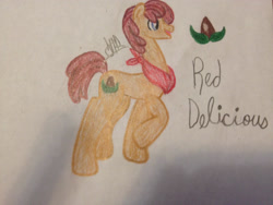 Size: 2048x1536 | Tagged: safe, artist:akajulester, derpibooru import, oc, oc only, oc:red delicious, earth pony, pony, colored pencil drawing, colt, cutie mark, handkerchief, male, offspring, parent:applejack, parent:caramel, parents:carajack, seed, solo, traditional art