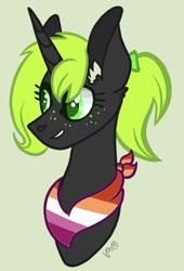 Size: 1110x1628 | Tagged: safe, artist:caramelbolt24, derpibooru import, oc, oc only, pony, unicorn, bow, bust, commission, ear fluff, ears, eyelashes, freckles, green background, grin, hair bow, horn, lesbian pride flag, neckerchief, pride, pride flag, signature, simple background, smiling, solo, unicorn oc, ych result