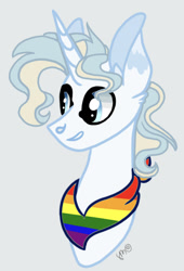 Size: 1115x1639 | Tagged: safe, artist:caramelbolt24, derpibooru import, oc, oc only, pony, unicorn, bust, commission, ear fluff, ears, gay pride flag, gray background, grin, horn, neckerchief, pride, pride flag, signature, simple background, smiling, solo, unicorn oc, ych result