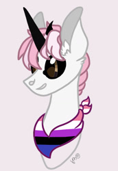 Size: 1123x1628 | Tagged: safe, artist:caramelbolt24, derpibooru import, oc, oc only, bicorn, pony, bisexual pride flag, black sclera, bust, commission, ear fluff, ears, grin, horn, horns, multiple horns, neckerchief, pride, pride flag, signature, simple background, smiling, solo, ych result