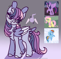 Size: 1714x1668 | Tagged: safe, artist:caramelbolt24, derpibooru import, fluttershy, rainbow dash, twilight sparkle, twilight sparkle (alicorn), oc, alicorn, pegasus, pony, chest fluff, eyelashes, feathered fetlocks, female, gradient background, horn, looking back, magical lesbian spawn, mare, multiple parents, offspring, parent:fluttershy, parent:rainbow dash, parent:twilight sparkle, pegasus oc, raised hoof, raised leg, screencap reference, smiling, two toned wings, wings