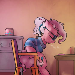 Size: 800x800 | Tagged: safe, artist:captainhoers, derpibooru import, pinkie pie, earth pony, the sunjackers, cyberpunk, elderly, female, mare, older, older pinkie pie, sad, sitting, solo