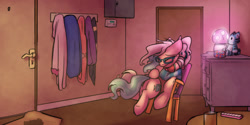 Size: 1280x640 | Tagged: safe, artist:captainhoers, derpibooru import, pinkie pie, oc, oc:candy chip, cyborg, earth pony, unicorn, the sunjackers, cyberpunk, female, glasses, grandmother and grandchild, grandparents and grandchildren, hug, mare, older, older pinkie pie, prosthetic limb, prosthetics, sad