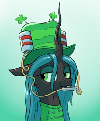 Size: 1000x1200 | Tagged: safe, artist:rocket-lawnchair, derpibooru import, queen chrysalis, changeling, changeling queen, clothes, clover, drinking hat, female, four leaf clover, hat, holiday, saint patrick's day, shirt