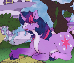 Size: 1002x851 | Tagged: safe, artist:mlpandlpsprincess, derpibooru import, twilight sparkle, unicorn twilight, classical unicorn, pony, unicorn, friendship is magic, book, cloven hooves, female, leonine tail, lying down, mare, prone, scene interpretation, solo, unshorn fetlocks