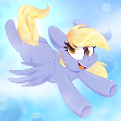 Size: 1751x1753 | Tagged: safe, artist:saveraedae, derpibooru import, derpy hooves, pegasus, pony, bright, bubble, chest fluff, cloud, cloudy, cute, derpabetes, female, flying, looking at you, smiling, solo, sun