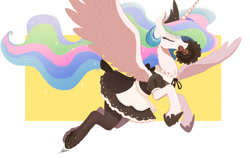 Size: 1200x759 | Tagged: safe, artist:ncmares, derpibooru import, princess celestia, alicorn, pony, abstract background, clothes, cute, cutelestia, duster, eyes closed, female, flying, maid, maid outfit, maidlestia, majestic, mare, mouth hold, skirt, solo, spread wings, stockings, thigh highs, wings