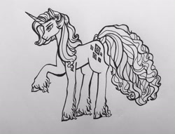 Size: 2971x2264 | Tagged: safe, artist:carolikna, derpibooru import, rarity, pony, unicorn, ear piercing, earring, female, jewelry, mare, monochrome, piercing, raised hoof, raised leg, smiling, solo, traditional art, unshorn fetlocks