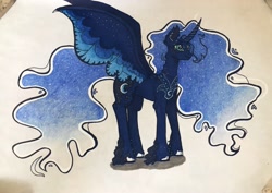 Size: 3387x2393 | Tagged: safe, artist:carolikna, derpibooru import, princess luna, alicorn, pony, cloven hooves, colored wings, colored wingtips, ethereal mane, ethereal tail, female, mare, redesign, smiling, solo, traditional art, unshorn fetlocks