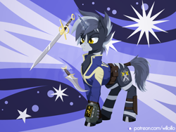 Size: 1600x1200 | Tagged: safe, artist:willoillo, derpibooru import, oc, oc only, oc:shadow strike, hybrid, pony, unicorn, zony, fallout equestria, dagger, fallout equestria: guardians of the wastes, horn, solo, sword, unicorn oc, weapon, zony oc