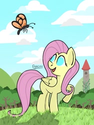 Size: 768x1024 | Tagged: safe, artist:fraciss, derpibooru import, fluttershy, butterfly, insect, pegasus, pony, female, forest, mare, missing cutie mark, no pupils, solo, tower