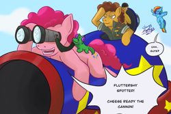 Size: 1772x1181 | Tagged: safe, artist:shacy's pagelings, derpibooru import, boneless, cheese sandwich, gummy, pinkie pie, rainbow dash, earth pony, pegasus, pony, binoculars, cheese supreme cannonball surprise, cheesepie, female, helmet, male, party tank, shipping, straight, this will end in death, this will end in tears, this will end in tears and/or death