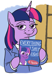 Size: 452x647 | Tagged: safe, artist:jargon scott, derpibooru import, twilight sparkle, twilight sparkle (alicorn), alicorn, pony, book, clothes, female, looking at you, mare, sliders, solo, suit