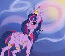 Size: 4000x3423 | Tagged: safe, artist:sugarypolecat, derpibooru import, twilight sparkle, twilight sparkle (alicorn), alicorn, pony, blushing, colored, crown, flat colors, horn, jewelry, painted hooves, purple eyes, purple mane, regalia, smiling, solo, wings