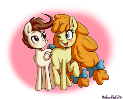 Size: 1854x1490 | Tagged: safe, artist:anibaruthecat, derpibooru import, pound cake, pumpkin cake, pegasus, pony, unicorn, comic:incest-d-licious, brother and sister, duo, female, looking at each other, male, older, older pound cake, older pumpkin cake, one eye closed, raised hoof, raised leg, siblings, smiling, teenager