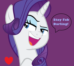 Size: 1182x1060 | Tagged: safe, artist:twilyisbestpone, derpibooru exclusive, derpibooru import, rarity, pony, unicorn, darling, dreamworks face, fabulous, female, heart, lidded eyes, mare, open mouth, positive ponies, purple background, raised eyebrow, simple background, smiling, solo, talking to viewer