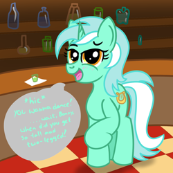 Size: 1200x1200 | Tagged: safe, artist:dafiltafish, derpibooru import, lyra heartstrings, pony, unicorn, alcohol, bar, drunk lyra, implied bon bon, implied human, solo, speech bubble