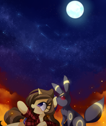 Size: 1598x1900 | Tagged: safe, artist:loyaldis, derpibooru import, oc, oc:astral flare, firefly (insect), insect, pony, unicorn, beanie, constellation, cute, flannel, hat, moon, night, pokémon, stars, umbreon