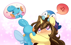 Size: 1666x1045 | Tagged: safe, artist:loyaldis, derpibooru import, oc, oc:astral flare, pony, unicorn, angry, anime style, beanie, cute, derp, female, hat, heart eyes, mudkip, piplup, pokémon, sparkles, wingding eyes