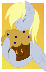 Size: 817x1274 | Tagged: safe, artist:beadedwolf22, derpibooru import, derpy hooves, pony, unicorn, border, eyes closed, female, food, hug, mare, muffin, plushie, simple background, solo, that pony sure does love muffins, yellow background