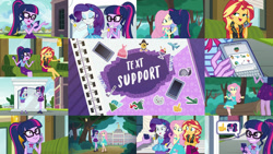 Size: 1280x722 | Tagged: safe, derpibooru import, edit, edited screencap, editor:quoterific, screencap, fluttershy, rarity, sci-twi, sunset shimmer, timber spruce, twilight sparkle, equestria girls, equestria girls series, text support, text support: fluttershy, text support: rarity, text support: sunset shimmer, bowtie, canterlot high, cellphone, clothes, crossed arms, cutie mark, cutie mark on clothes, forest, geode of empathy, geode of fauna, geode of shielding, geode of telekinesis, glasses, high heels, hug, lip bite, magical geodes, message, mug, phone, ponytail, rarity peplum dress, shoes, smartphone, statue, thumbs up, tree