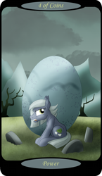Size: 1500x2591 | Tagged: safe, artist:sixes&sevens, derpibooru import, part of a set, limestone pie, earth pony, cloud, dead tree, female, four of coins, holder's boulder, minor arcana, mountain, mountain range, overcast, rock farm, sitting, solo, tarot card, tree