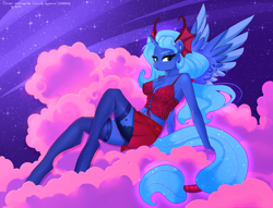 Size: 4000x3054 | Tagged: safe, artist:xjenn9, derpibooru import, princess luna, alicorn, anthro, unguligrade anthro, absolute cleavage, breasts, cleavage, clothes, cloud, commission, evil luna, female, mare, midriff, princess balloona, skirt, socks, solo, stockings, thigh highs