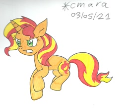 Size: 1181x1025 | Tagged: safe, artist:cmara, derpibooru import, sunset shimmer, pony, unicorn, angry, gritted teeth, raised hoof, raised leg, simple background, solo, traditional art, trotting, white background