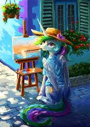 Size: 764x1080 | Tagged: safe, artist:plainoasis, derpibooru import, princess celestia, alicorn, pony, alternate hairstyle, clothes, cute, cutelestia, easel, hat, mouth hold, paintbrush, painting, ponytail, shirt, solo