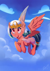 Size: 2480x3508 | Tagged: safe, artist:tony-retro, derpibooru import, somnambula, pegasus, pony, cheek fluff, chest fluff, cloud, ear fluff, ears, female, flying, high res, mare, open mouth, sky, solo, spread wings, wings