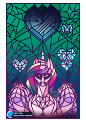 Size: 2039x2894 | Tagged: safe, artist:princessluna325, derpibooru import, princess cadance, queen chrysalis, alicorn, pony, crystal heart, disguise, disguised changeling, fake cadance, heart, solo, stained glass, stars