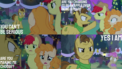 Size: 1280x720 | Tagged: safe, derpibooru import, edit, edited screencap, editor:quoterific, screencap, bright mac, grand pear, mayor mare, pear butter, earth pony, pony, the perfect pear, betrayal, betrayed, candle, heroic sacrifice, night, non-dyed mayor, pear tree, sin of pride, sin of wrath, tree