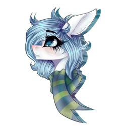 Size: 1080x1080 | Tagged: safe, artist:moshi.poni, derpibooru import, oc, oc only, earth pony, pony, blushing, bust, clothes, earth pony oc, eyelashes, female, looking up, mare, scarf, simple background, solo, white background