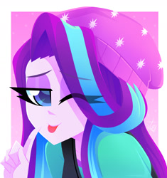 Size: 1500x1599 | Tagged: safe, artist:xan-gelx, derpibooru import, starlight glimmer, equestria girls, beanie, bust, cute, glimmerbetes, hat, looking at you, one eye closed, solo, tongue, tongue out, wink