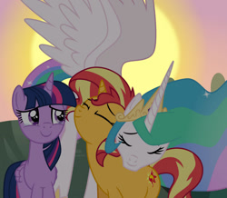 Size: 1024x893 | Tagged: safe, artist:emeraldblast63, derpibooru import, princess celestia, sunset shimmer, twilight sparkle, twilight sparkle (alicorn), alicorn, pony, crying, cute, ending to equestria girls, reunion, sad, series finale, shimmerbetes, sunset