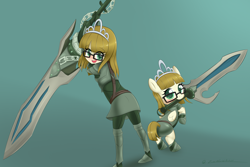Size: 5184x3456 | Tagged: safe, artist:zionworldartist, zippoorwhill, human, pegasus, pony, equestria girls, armor, blushing, equestria girls-ified, explicit source, female, filly, giant sword, glasses, green background, implied lolicon, jewelry, looking at you, looking back, looking back at you, mouth hold, self ponidox, simple background, sword, tiara, weapon