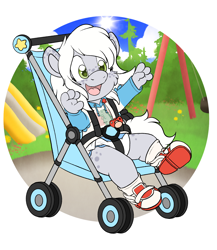 Size: 2480x2852 | Tagged: safe, artist:yookey, derpibooru import, oc, oc:fossil fluster, anthro, baby, commission, diaper, pacifier, solo, stroller, ych result