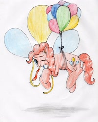 Size: 3127x3888 | Tagged: safe, artist:40kponyguy, derpibooru exclusive, derpibooru import, pinkie pie, earth pony, balloon, cute, cutie mark background, ear fluff, ears, female, floating, looking at you, mare, one eye closed, party whistle, simple background, solo, then watch her balloons lift her up to the sky, traditional art, wink