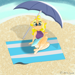 Size: 1080x1080 | Tagged: safe, artist:inky scroll, derpibooru import, oc, oc only, oc:songheart, anthro, pony, unicorn, beach, breasts, clothes, female, glasses, looking at you, ocean, sitting, skirt, swimsuit, tanktop, towel, umbrella