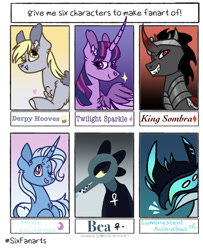 Size: 1124x1381 | Tagged: safe, artist:caramelbolt24, derpibooru import, derpy hooves, king sombra, trixie, twilight sparkle, twilight sparkle (alicorn), alicorn, anthro, pegasus, pony, unicorn, anthro with ponies, bea, chest fluff, crossover, curved horn, ear fluff, ears, female, horn, male, mare, night in the woods, one eye closed, roblox, six fanarts, stallion, wink