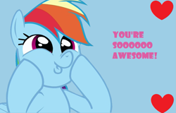 Size: 1183x757 | Tagged: safe, artist:twilyisbestpone, derpibooru exclusive, derpibooru import, rainbow dash, pegasus, pony, adorkable, awesome, cute, dashabetes, dashface, dork, happy, heart, hooves on cheeks, light blue background, positive ponies, simple background, smiling, so awesome, solo, squishy cheeks, talking to viewer