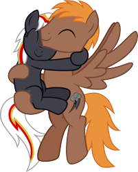 Size: 1529x1899 | Tagged: safe, artist:pegasski, derpibooru import, oc, oc only, oc:calamity, oc:velvet remedy, earth pony, pegasus, pony, fallout equestria, base used, bridal carry, carrying, duo, earth pony oc, eyes closed, female, holding a pony, hug, male, mare, pegasus oc, simple background, smiling, stallion, transparent background, wings