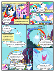 Size: 612x792 | Tagged: safe, artist:newbiespud, derpibooru import, edit, edited screencap, screencap, princess cadance, princess celestia, shining armor, alicorn, pony, unicorn, comic:friendship is dragons, a canterlot wedding, canterlot castle, clothes, comic, confetti, dialogue, eyelashes, eyes closed, female, flower, flower in hair, flying, male, mare, mountain, nose in the air, open mouth, outdoors, peytral, rainbow, raised hoof, raised leg, screencap comic, shiningcadance, shipping, sonic rainboom, straight, uvula, waving