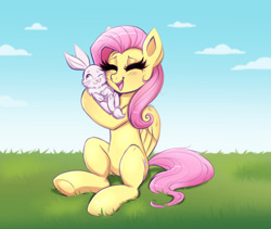 Size: 2372x2000 | Tagged: safe, artist:confetticakez, derpibooru import, angel bunny, fluttershy, pegasus, pony, rabbit, animal, blushing, eyes closed, female, hug, mare, pet, sitting, underhoof