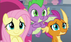 Size: 656x390 | Tagged: safe, derpibooru import, screencap, fluttershy, smolder, spike, dragon, pony, sweet and smoky, animated, cute, dragoness, female, flying, pleading, shyabetes, smiling, smolderbetes, spikabetes, trio, weapons-grade cute