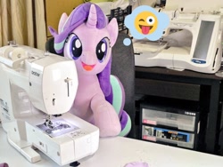 Size: 1024x768 | Tagged: safe, artist:nekokevin, starlight glimmer, pony, unicorn, series:nekokevin's glimmy, chair, emoji, female, irl, looking at you, mare, open mouth, photo, plushie, sewing machine, sitting, smiling, solo