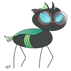 Size: 4000x4000 | Tagged: safe, artist:evan555alpha, ponybooru exclusive, oc, oc only, oc:yvette (evan555alpha), changeling, evan's daily buggo, in a nutshell, changeling oc, dorsal fin, fangs, female, forked tongue, glasses, green tongue, lidded eyes, raised hoof, raised leg, round glasses, signature, simple background, solo, stylistic suck, technicolor tongue, tongue, tongue out, transparent background