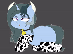 Size: 4000x2934 | Tagged: safe, artist:blitzyflair, oc, oc only, oc:blitzy flair, pony, unicorn, bell, bell collar, black background, chubby, clothes, collar, cow horns, cowbell, cowprint, female, gloves, kneeling, lidded eyes, long gloves, mare, open mouth, plump, raised hoof, raised leg, simple background, solo, stockings, thigh highs, tongue, tongue out