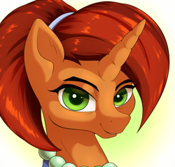 Size: 2100x2000 | Tagged: safe, artist:aquaticvibes, derpibooru import, stellar flare, pony, unicorn, bust, female, green eyes, high res, jewelry, looking at you, mare, necklace, pearl necklace, portrait, smiling, solo